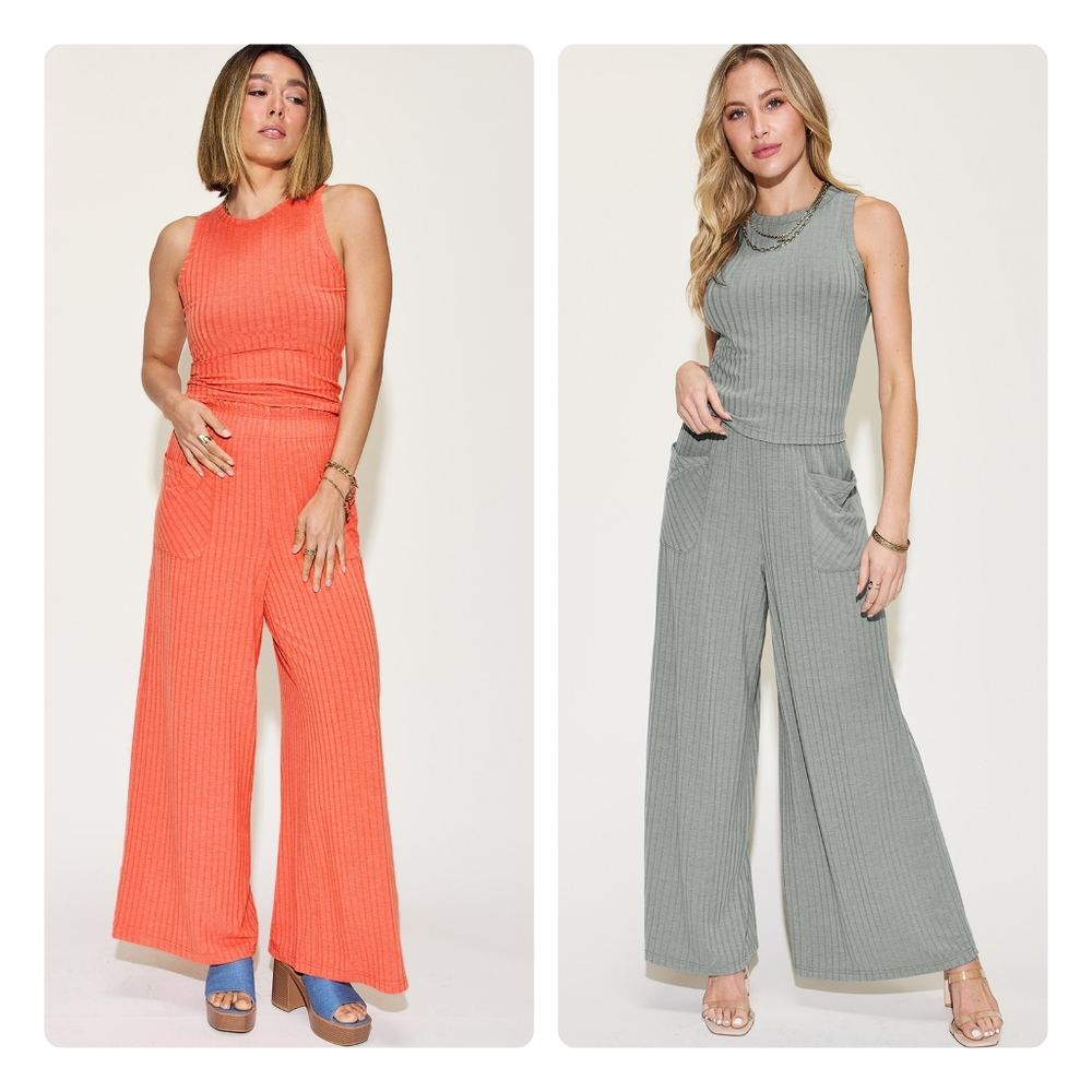 Gray Ribbed Tank and Wide Leg Pants Set - Picture 3 of 10